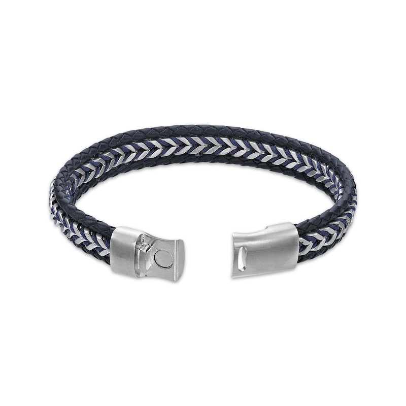 Main Image 3 of Men's Blue Leather Woven Herringbone Bracelet Stainless Steel 8.5&quot;