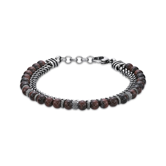Men's Tiger's Eye Bead & Foxtail Chain Bracelet Stainless Steel 8.5"