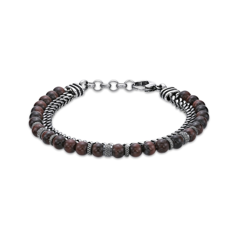 Main Image 1 of Men's Tiger's Eye Bead & Foxtail Chain Bracelet Stainless Steel 8.5&quot;