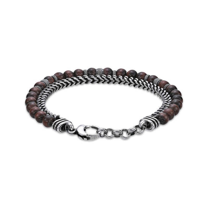 Main Image 2 of Men's Tiger's Eye Bead & Foxtail Chain Bracelet Stainless Steel 8.5&quot;