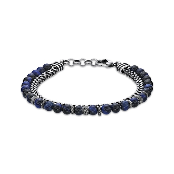 Men's Blue Tiger's Eye Bead & Foxtail Chain Bracelet Stainless Steel 8.5"