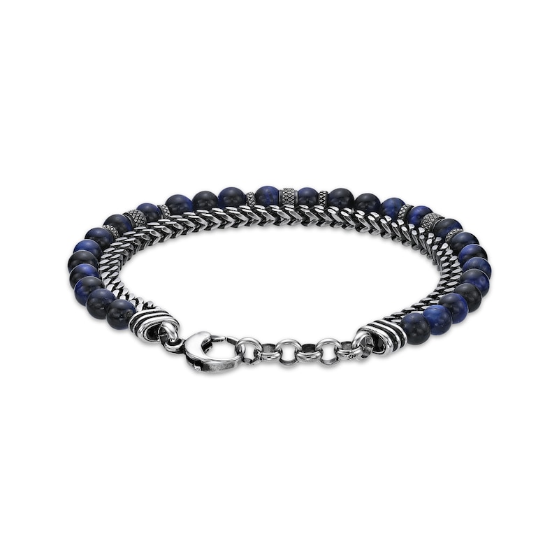 Main Image 2 of Men's Blue Tiger's Eye Bead & Foxtail Chain Bracelet Stainless Steel 8.5&quot;