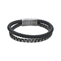 Men's Black Braided Leather & Chain Layered Bracelet Stainless Steel 8.75"