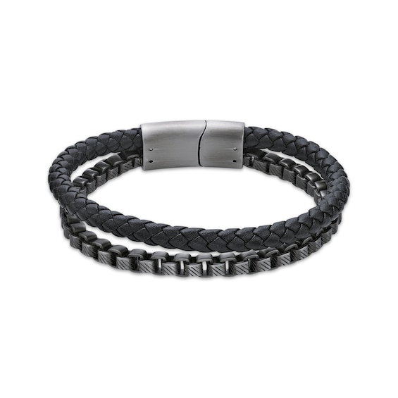 Men's Black Braided Leather & Chain Layered Bracelet Stainless Steel 8.75"