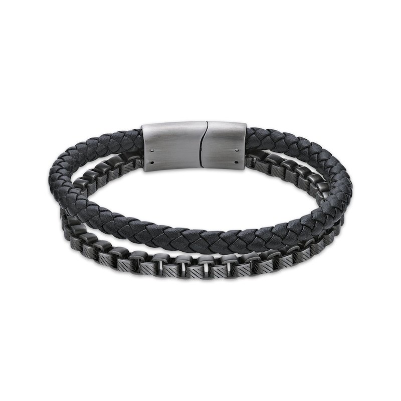 Men's Black Braided Leather & Chain Layered Bracelet Stainless Steel 8. ...