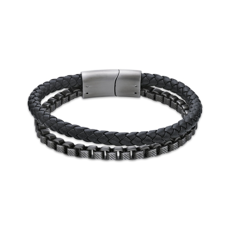 Main Image 1 of Men's Black Braided Leather & Chain Layered Bracelet Stainless Steel 8.75&quot;