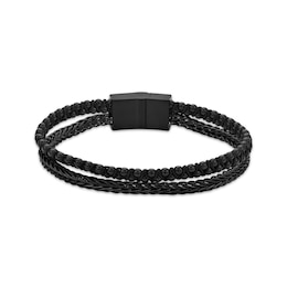 Men's Two Row Leather Bracelet Black Ion-Plated Stainless Steel 8.5"