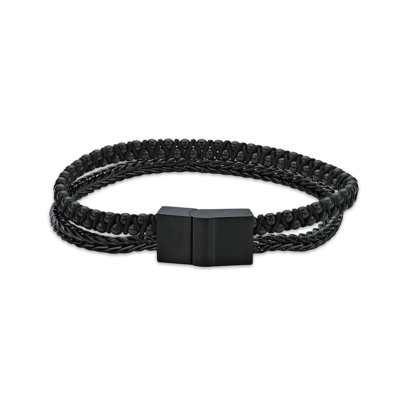 Main Image 2 of Men's Two Row Leather Bracelet Black Ion-Plated Stainless Steel 8.5&quot;