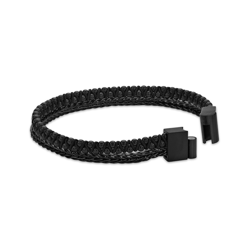 Main Image 3 of Men's Two Row Leather Bracelet Black Ion-Plated Stainless Steel 8.5&quot;