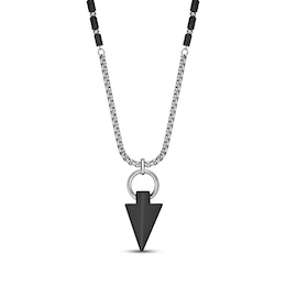 Men's Black Agate Arrowhead Necklace Stainless Steel 24"