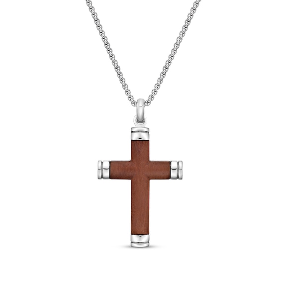 Wood Inlay Capped Ends Cross Necklace Stainless Steel 24"