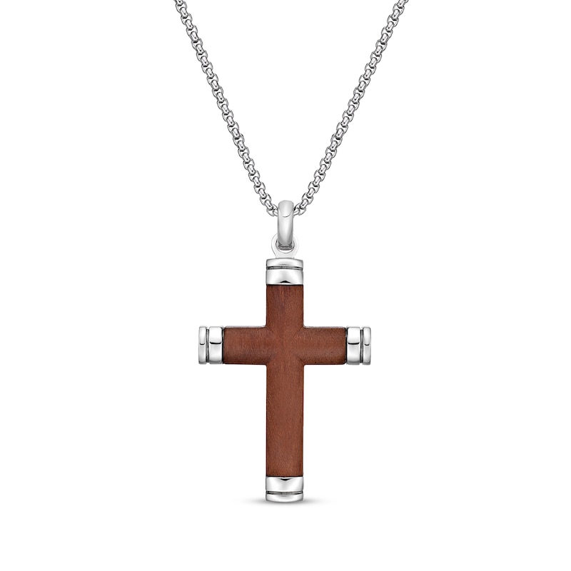 Main Image 1 of Wood Inlay Capped Ends Cross Necklace Stainless Steel 24&quot;