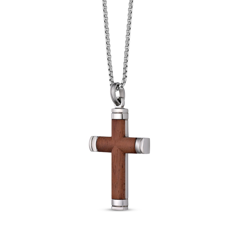 Main Image 2 of Wood Inlay Capped Ends Cross Necklace Stainless Steel 24&quot;