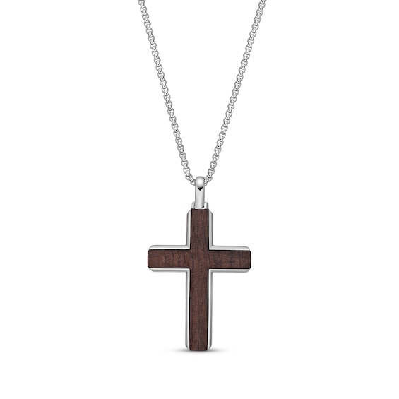 Wood Inlay Cross Necklace Stainless Steel 24"