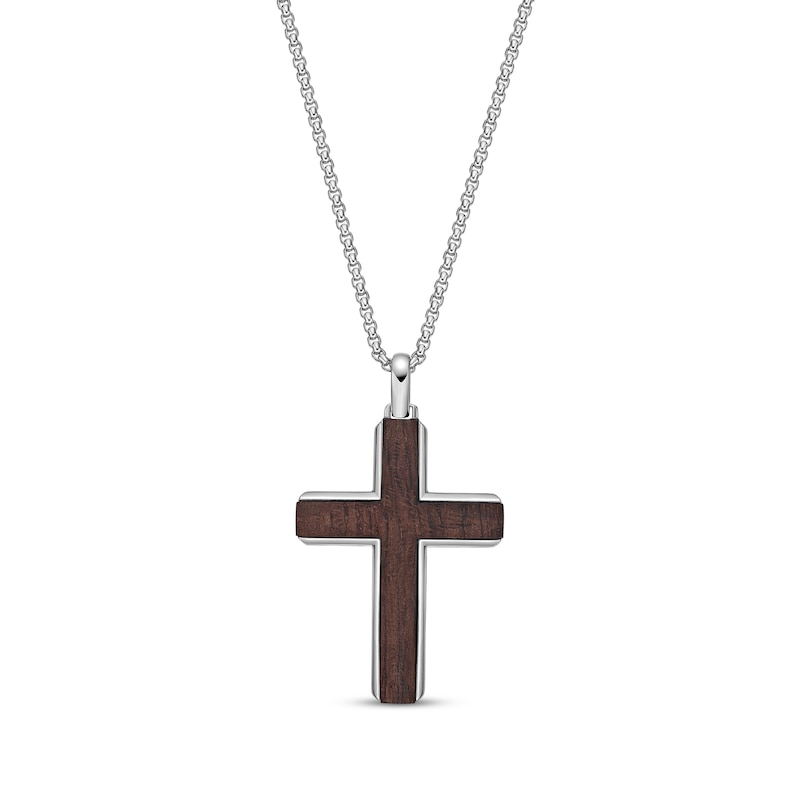 Main Image 1 of Wood Inlay Cross Necklace Stainless Steel 24&quot;
