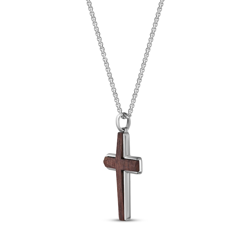 Main Image 2 of Wood Inlay Cross Necklace Stainless Steel 24&quot;