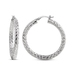 Hammered Diamond-Cut Tube Hoop Earrings Sterling Silver 38mm