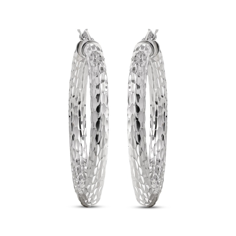 Main Image 2 of Hammered Diamond-Cut Tube Hoop Earrings Sterling Silver 38mm