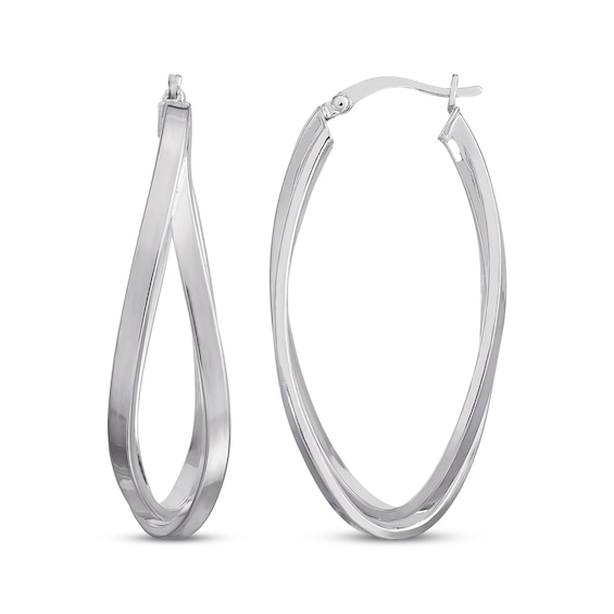 Squared Tube Twist Oval Hoop Earrings Sterling Silver