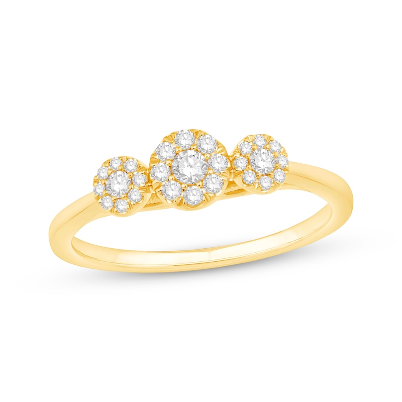 Main Image 1 of Diamond Three-Stone Halo Promise Ring 1/4 ct tw 10K Yellow Gold