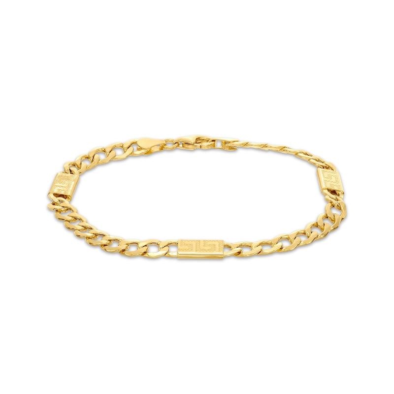 Main Image 1 of Curb Chain Greek Key Station Bracelet Semi-Solid 10K Yellow Gold 7.5&quot;