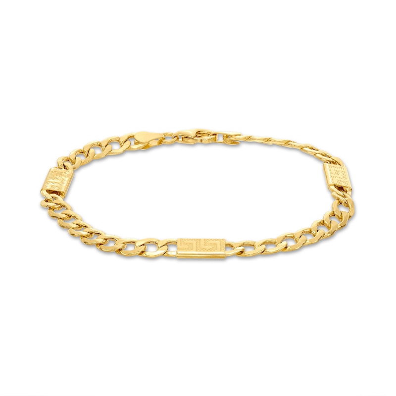 Semi-Solid Curb Chain Greek Key Station Bracelet 10K Yellow Gold 7.5"