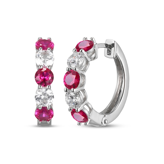 Lab-created Ruby & White Lab-Created Sapphire Hoop Earrings Sterling Silver