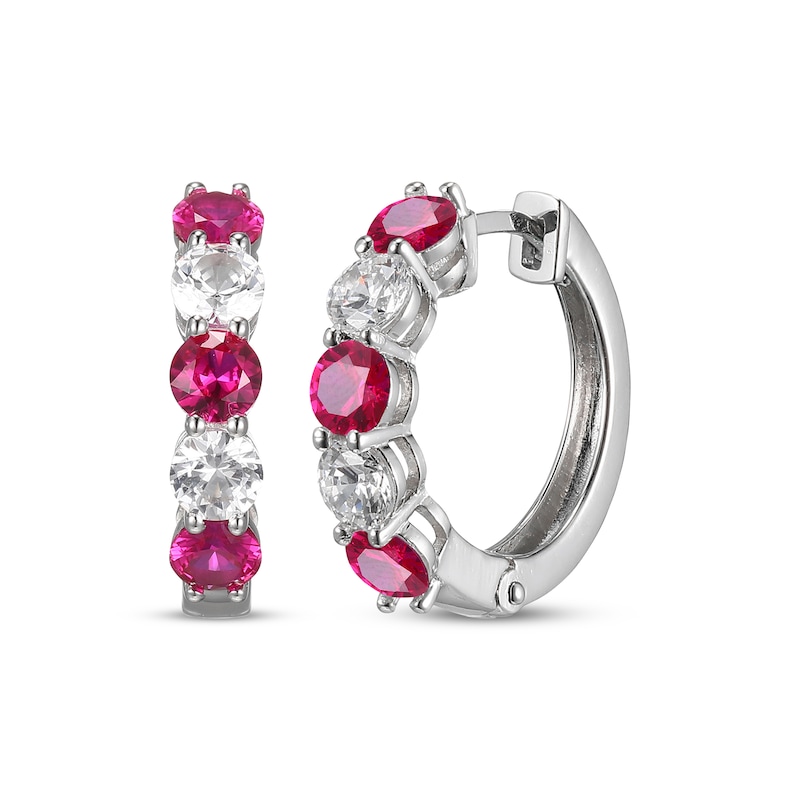 Main Image 1 of Lab-created Ruby & White Lab-Created Sapphire Hoop Earrings Sterling Silver