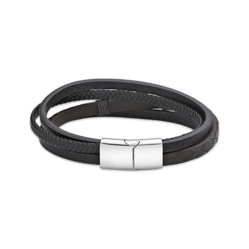 Main Image 2 of Men's Brown Leather Cross Bracelet Stainless Steel 8.5&quot;
