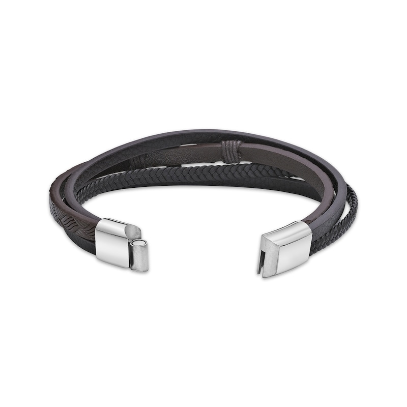 Men's Brown Leather Cross Bracelet Stainless Steel 8.5"