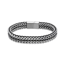 Foxtail Chain & Cord Bracelet Black Ion-Plated Solid Stainless Steel 9"