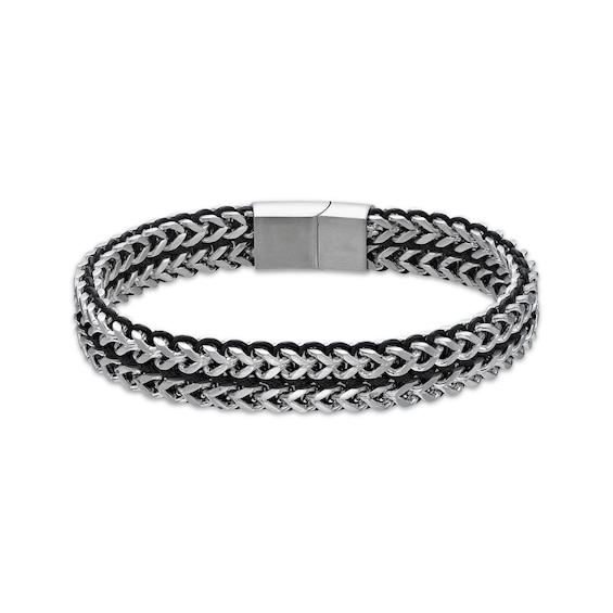 Foxtail Chain & Cord Bracelet Black Ion-Plated Solid Stainless Steel 9"
