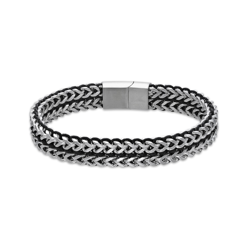 Solid Foxtail Chain & Cord Bracelet Black Ion-Plated Stainless Steel 9 ...