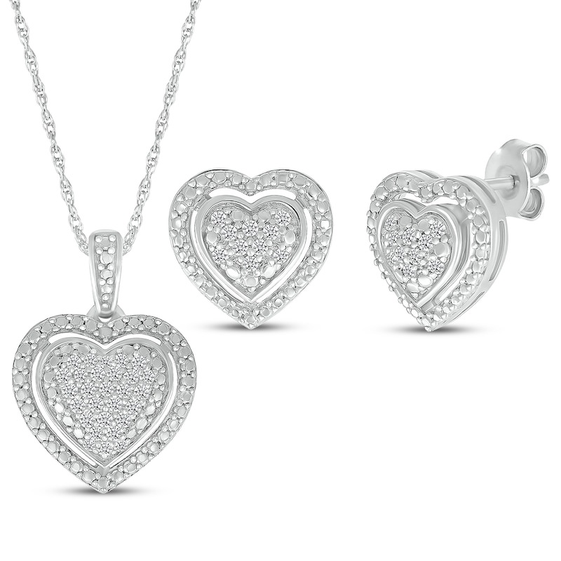 Diamond Heart Necklace & Stud Earrings Set 1/4 ct tw Sterling Silver