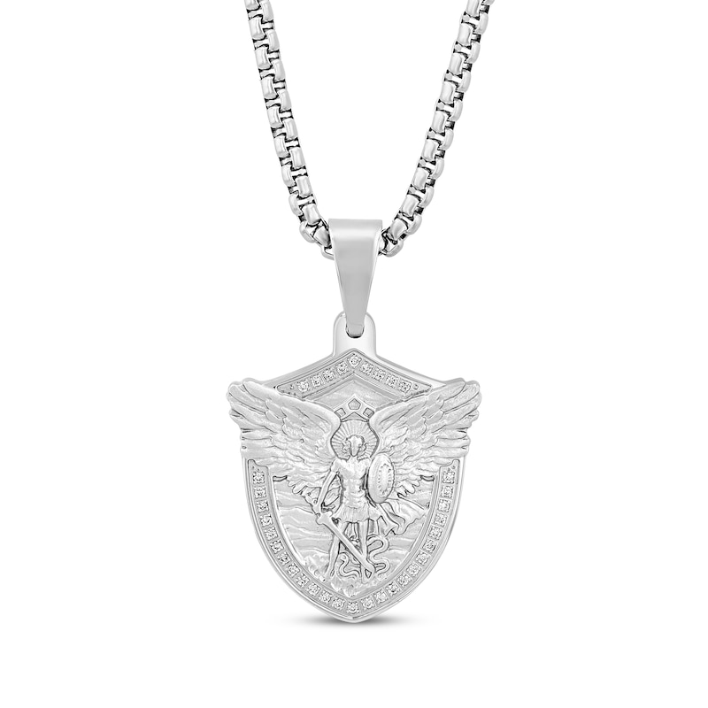 Diamond Saint Michael Shield Necklace 1/3 ct tw Stainless Steel 24"