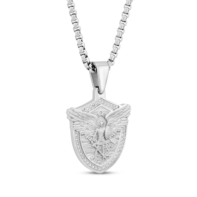 Diamond Saint Michael Shield Necklace 1/3 ct tw Stainless Steel 24"