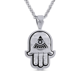 Men's Diamond-Accent Hamsa Necklace Stainless Steel & Black Ion Plating 24"