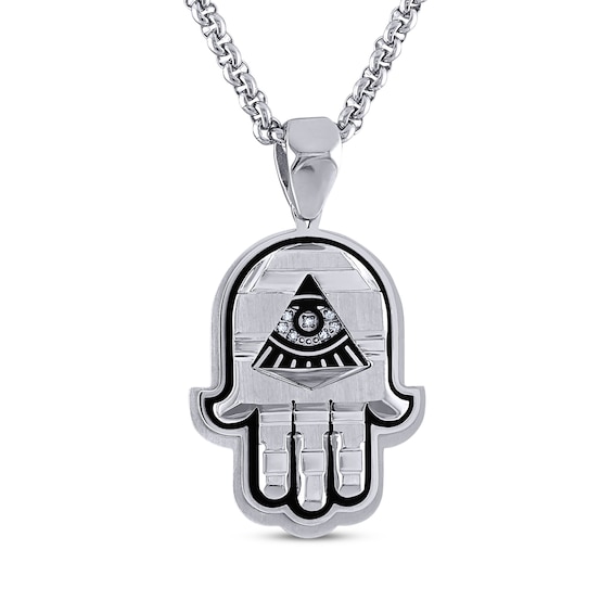 Men's Diamond-Accent Hamsa Necklace Stainless Steel & Black Ion Plating 24"