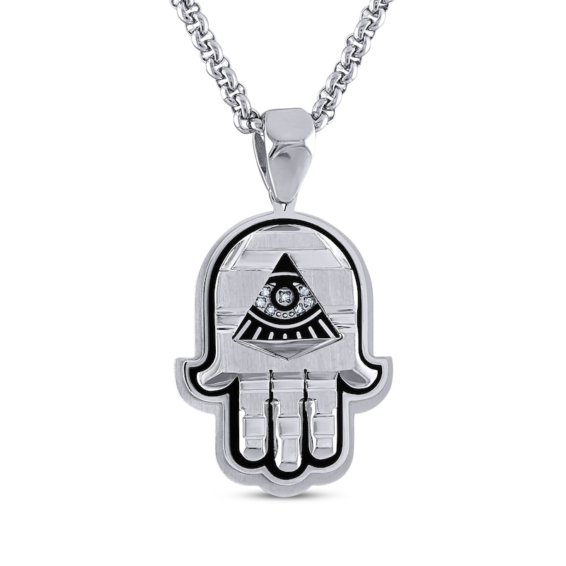 Main Image 1 of Men's Diamond-Accent Hamsa Necklace Stainless Steel & Black Ion Plating 24&quot;