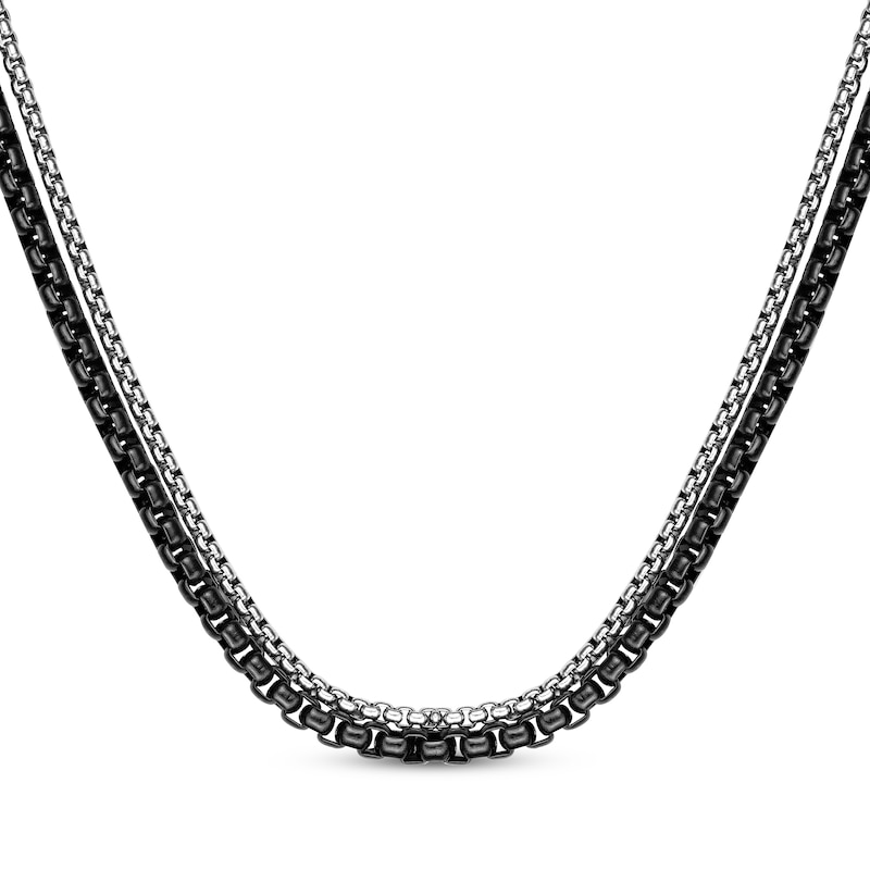 Main Image 1 of Layered Box Chain Necklace Black Ion-Plated & Solid Stainless Steel 24&quot;