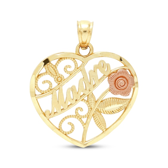 "Madre" Diamond-Cut Heart Charm 14K Two-Tone Gold