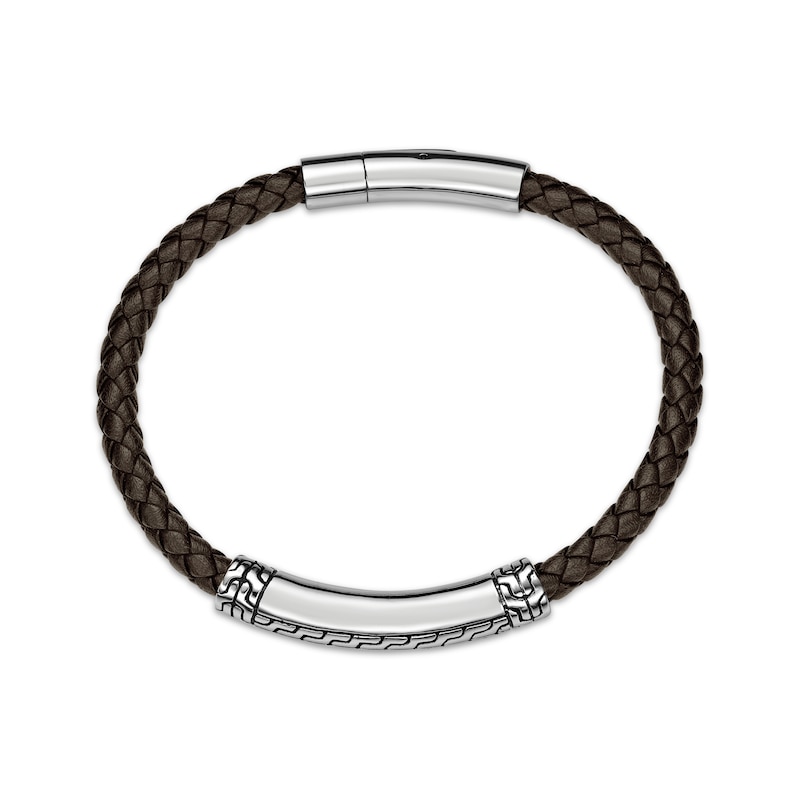 Main Image 2 of Men's Brown Leather Bracelet Stainless Steel 8.5&quot;