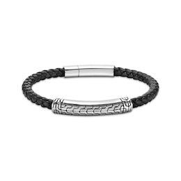 Men's Black Leather Bracelet Stainless Steel 8.5"