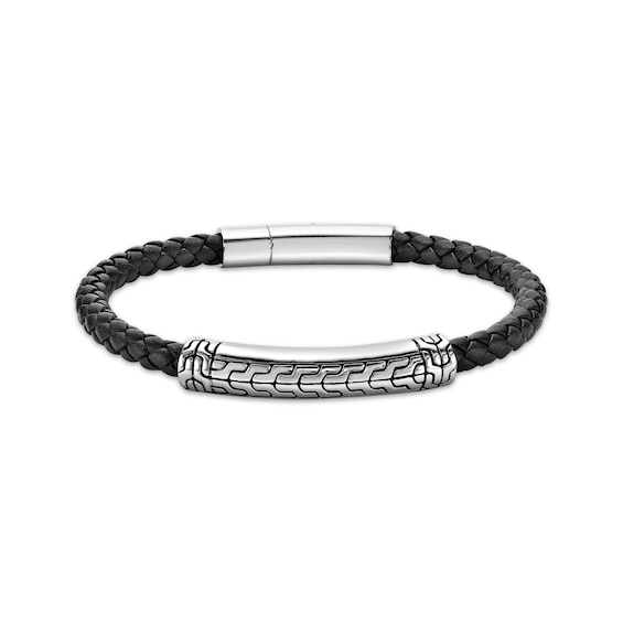 Men's Black Leather Bracelet Stainless Steel 8.5"