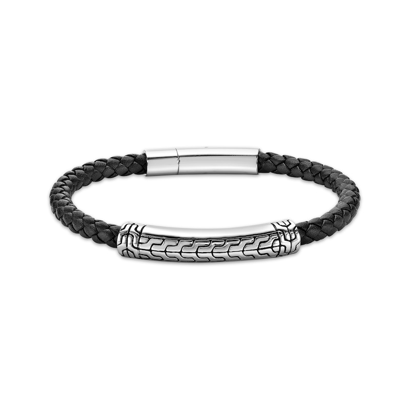 Main Image 1 of Men's Black Leather Bracelet Stainless Steel 8.5&quot;
