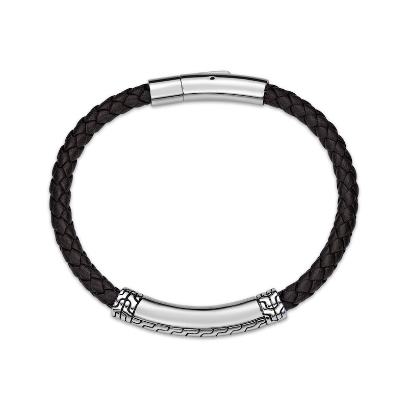 Main Image 2 of Men's Black Leather Bracelet Stainless Steel 8.5&quot;
