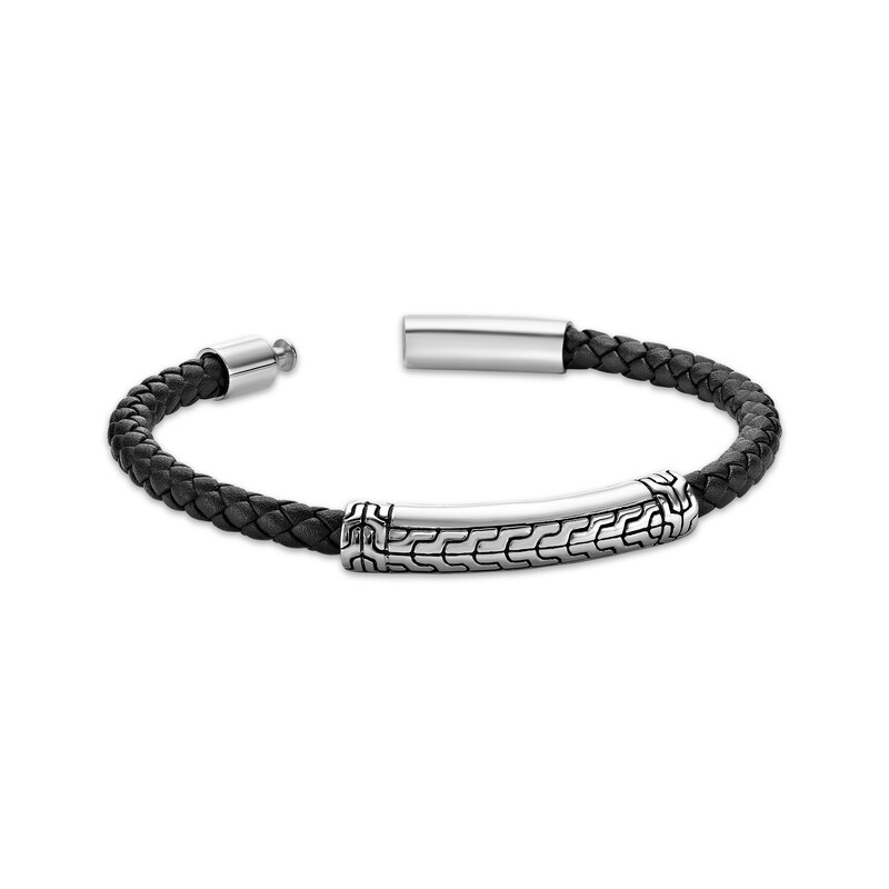Main Image 3 of Men's Black Leather Bracelet Stainless Steel 8.5&quot;