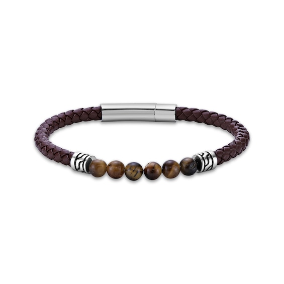 Men's Tiger Eye Bead & Brown Leather Bracelet Stainless Steel 8.5"
