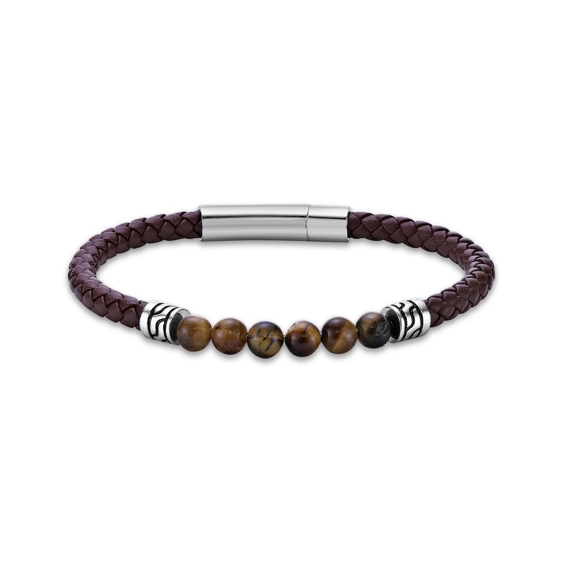 Main Image 1 of Men's Tiger Eye Bead & Brown Leather Bracelet Stainless Steel 8.5&quot;