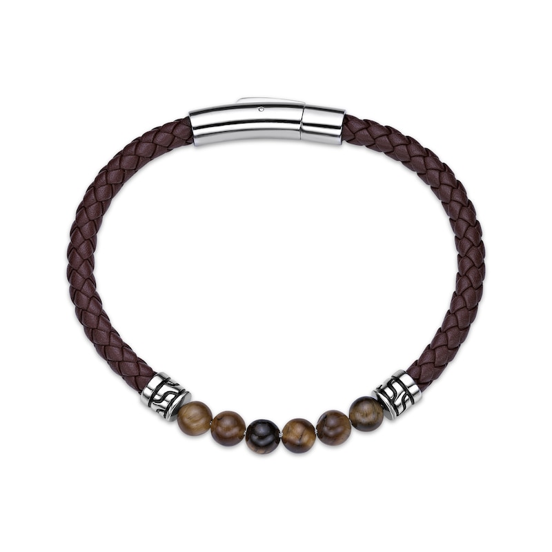 Men's Tiger Eye Bead & Brown Leather Bracelet Stainless Steel 8.5"